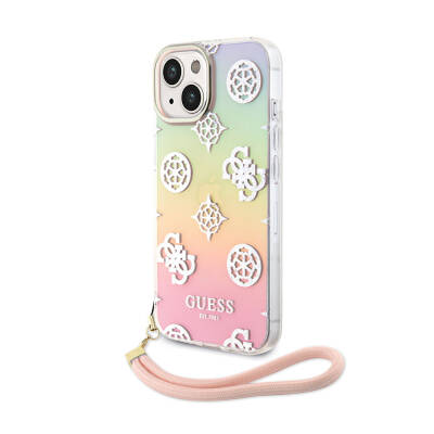 Apple iPhone 15 Case Guess Original Licensed Patterned Text Logo Holographic Glitter Peony Cover with Strap String Pink