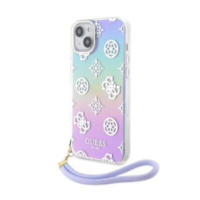 Apple iPhone 15 Case Guess Original Licensed Patterned Text Logo Holographic Glitter Peony Cover with Strap String Purple