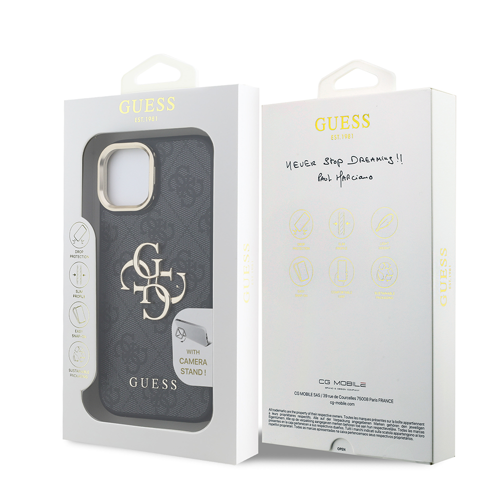 Apple iPhone 15 Case Guess Original Licensed PU Leather 4G Patterned Metal Big 4G and Text Logo Camera Stand Cover - 12