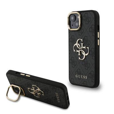 Apple iPhone 15 Case Guess Original Licensed PU Leather 4G Patterned Metal Big 4G and Text Logo Camera Stand Cover Black