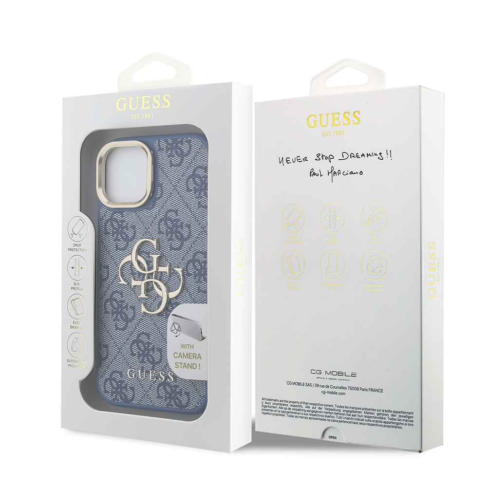 Apple iPhone 15 Case Guess Original Licensed PU Leather 4G Patterned Metal Big 4G and Text Logo Camera Stand Cover - 19