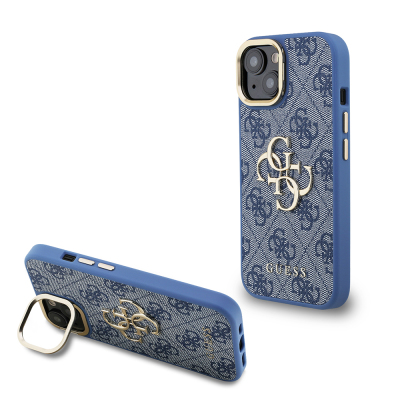 Apple iPhone 15 Case Guess Original Licensed PU Leather 4G Patterned Metal Big 4G and Text Logo Camera Stand Cover Blue