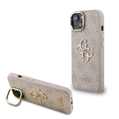 Apple iPhone 15 Case Guess Original Licensed PU Leather 4G Patterned Metal Big 4G and Text Logo Camera Stand Cover Pink