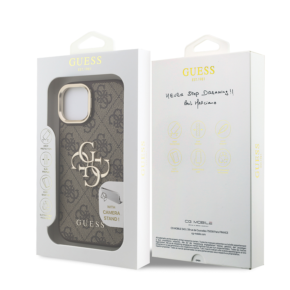 Apple iPhone 15 Case Guess Original Licensed PU Leather 4G Patterned Metal Big 4G and Text Logo Camera Stand Cover - 33