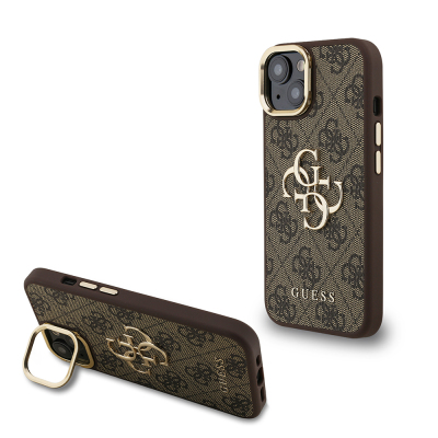 Apple iPhone 15 Case Guess Original Licensed PU Leather 4G Patterned Metal Big 4G and Text Logo Camera Stand Cover Brown