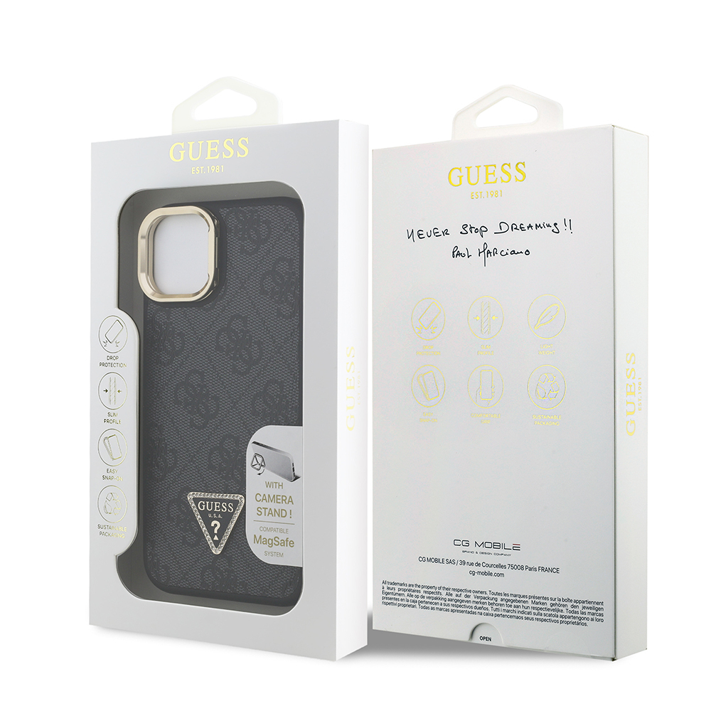 Apple iPhone 15 Case Guess Original Licensed PU Leather Stone Triangle Logo 4G Patterned Camera Stand Cover - 9