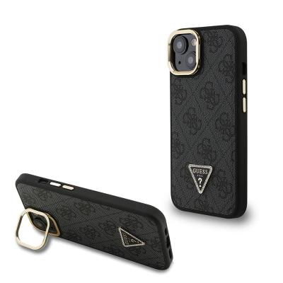 Apple iPhone 15 Case Guess Original Licensed PU Leather Stone Triangle Logo 4G Patterned Camera Stand Cover Black