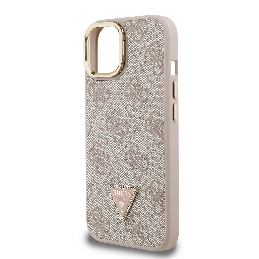 Apple iPhone 15 Case Guess Original Licensed PU Leather Stone Triangle Logo 4G Patterned Camera Stand Cover - 16