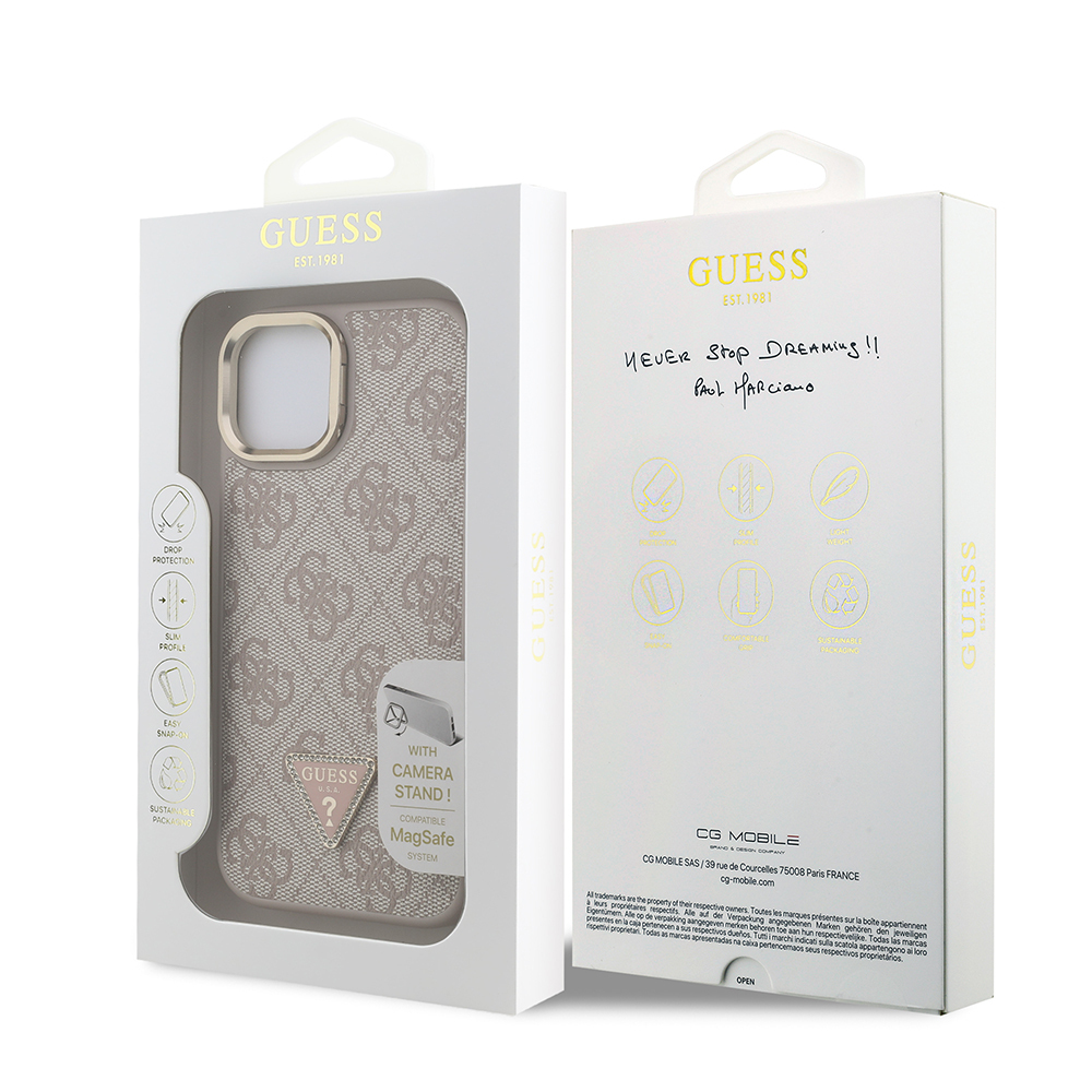 Apple iPhone 15 Case Guess Original Licensed PU Leather Stone Triangle Logo 4G Patterned Camera Stand Cover - 18