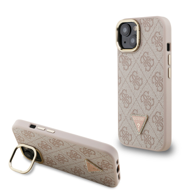 Apple iPhone 15 Case Guess Original Licensed PU Leather Stone Triangle Logo 4G Patterned Camera Stand Cover Pink