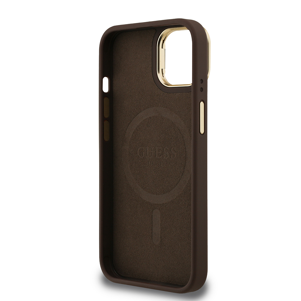 Apple iPhone 15 Case Guess Original Licensed PU Leather Stone Triangle Logo 4G Patterned Camera Stand Cover - 24