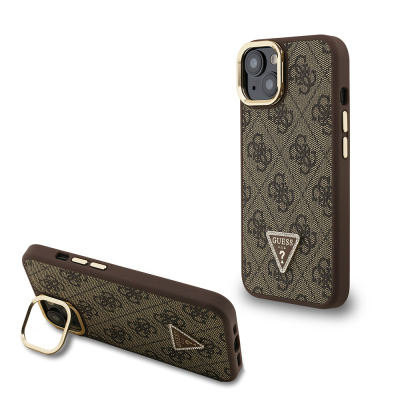 Apple iPhone 15 Case Guess Original Licensed PU Leather Stone Triangle Logo 4G Patterned Camera Stand Cover Brown