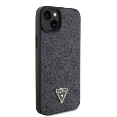 Apple iPhone 15 Case Guess Original Licensed PU Leather Stoned Triangle Logo 4G Patterned Strass Cover Black