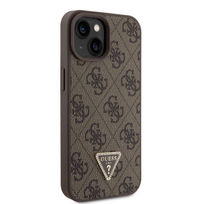 Apple iPhone 15 Case Guess Original Licensed PU Leather Stoned Triangle Logo 4G Patterned Strass Cover Brown