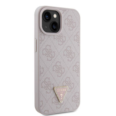 Apple iPhone 15 Case Guess Original Licensed PU Leather Stoned Triangle Logo 4G Patterned Strass Cover Pink