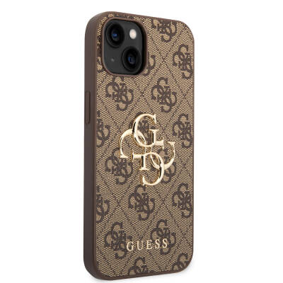 Apple iPhone 15 Case Guess Original Licensed PU Leather Text and 4G Metal Logo Patterned Cover Brown