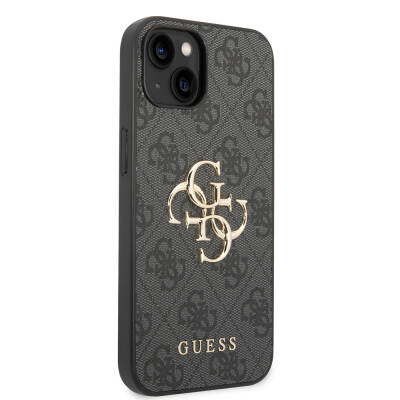 Apple iPhone 15 Case Guess Original Licensed PU Leather Text and 4G Metal Logo Patterned Cover Grey