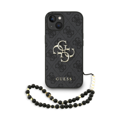 Apple iPhone 15 Case Guess Original Licensed PU Leather Wrist Strap Rope Metal Large 4G and Text Logo Cover Black