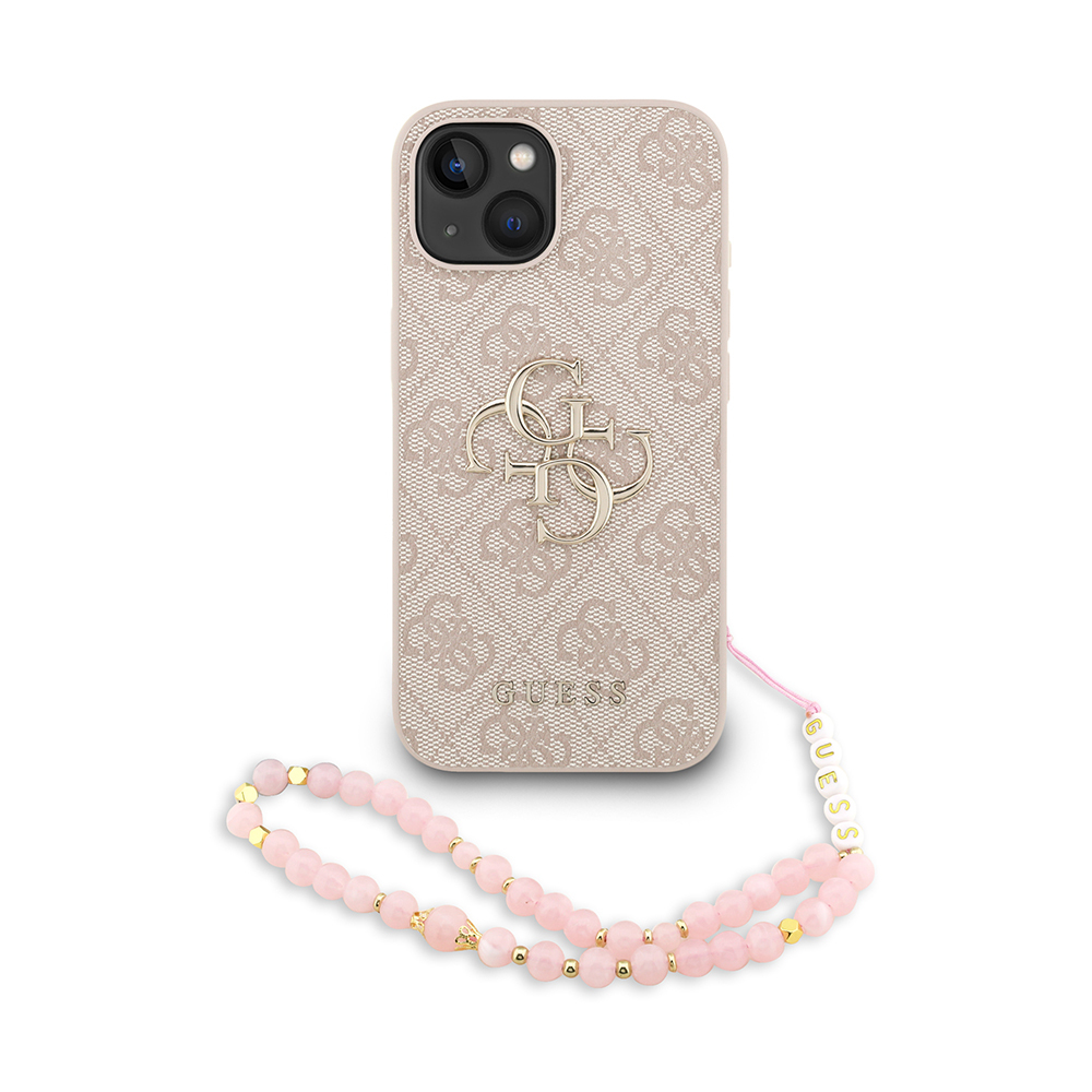 Apple iPhone 15 Case Guess Original Licensed PU Leather Wrist Strap Rope Metal Large 4G and Text Logo Cover - 3