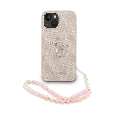 Apple iPhone 15 Case Guess Original Licensed PU Leather Wrist Strap Rope Metal Large 4G and Text Logo Cover Pink