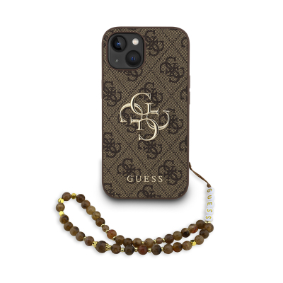 Apple iPhone 15 Case Guess Original Licensed PU Leather Wrist Strap Rope Metal Large 4G and Text Logo Cover Brown