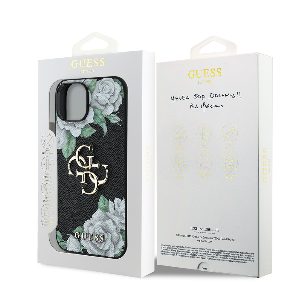 Apple iPhone 15 Case Guess Original Licensed Rose Printed Large Metal Logo Design Cover - 10