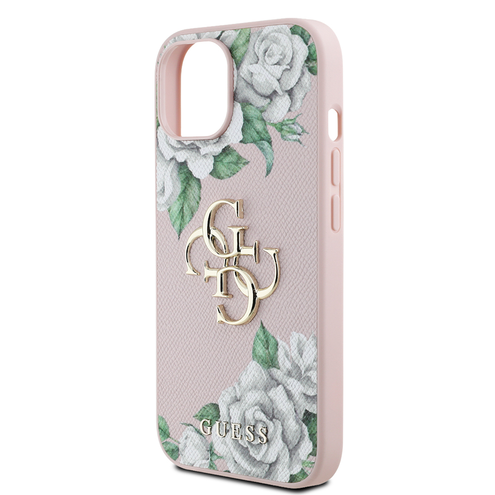 Apple iPhone 15 Case Guess Original Licensed Rose Printed Large Metal Logo Design Cover - 15