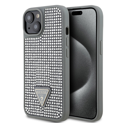 Apple iPhone 15 Case Guess Original Licensed Stone Back Surface Triangle Logo Cover Silver