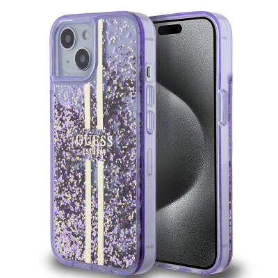 Apple iPhone 15 Case Guess Original Licensed Transparent Liquid Glitter Gold Striped Cover Purple