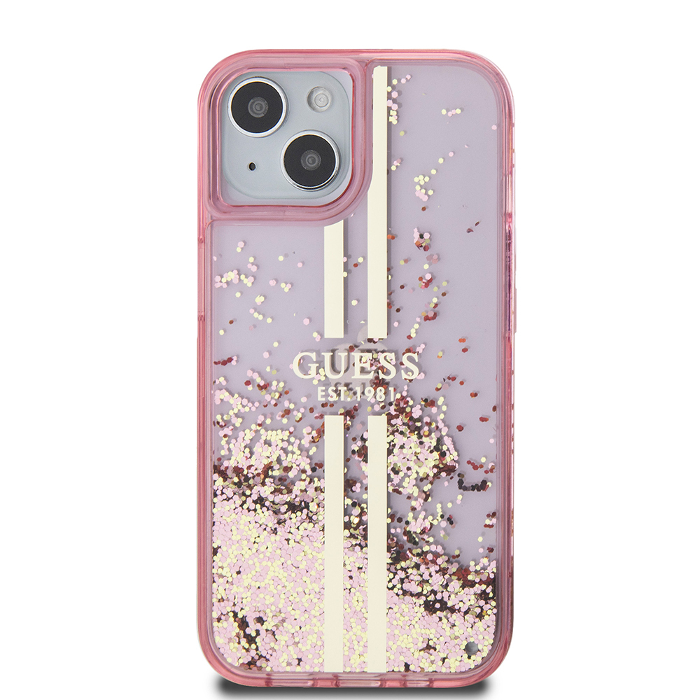 Apple iPhone 15 Case Guess Original Licensed Transparent Liquid Glitter Gold Striped Cover - 12
