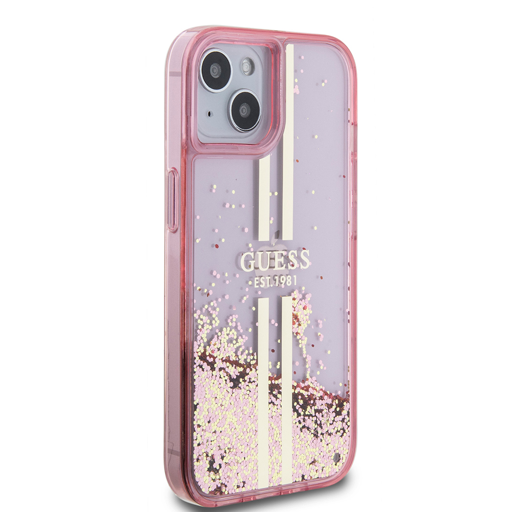 Apple iPhone 15 Case Guess Original Licensed Transparent Liquid Glitter Gold Striped Cover - 13