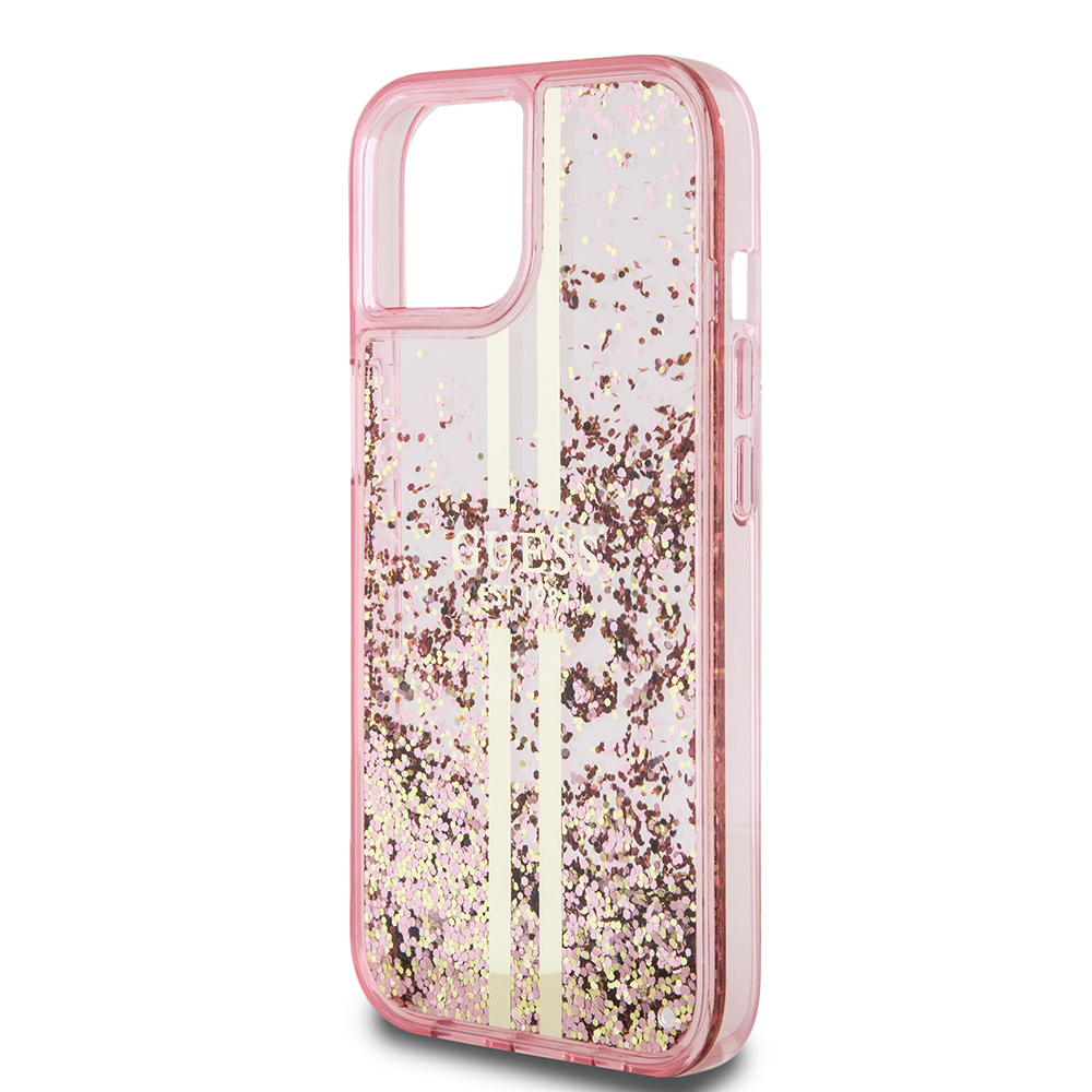 Apple iPhone 15 Case Guess Original Licensed Transparent Liquid Glitter Gold Striped Cover - 15