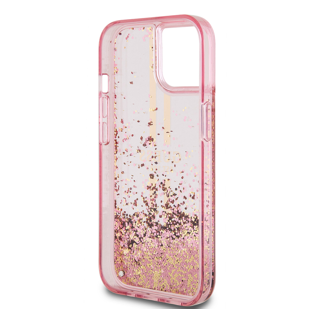 Apple iPhone 15 Case Guess Original Licensed Transparent Liquid Glitter Gold Striped Cover - 16