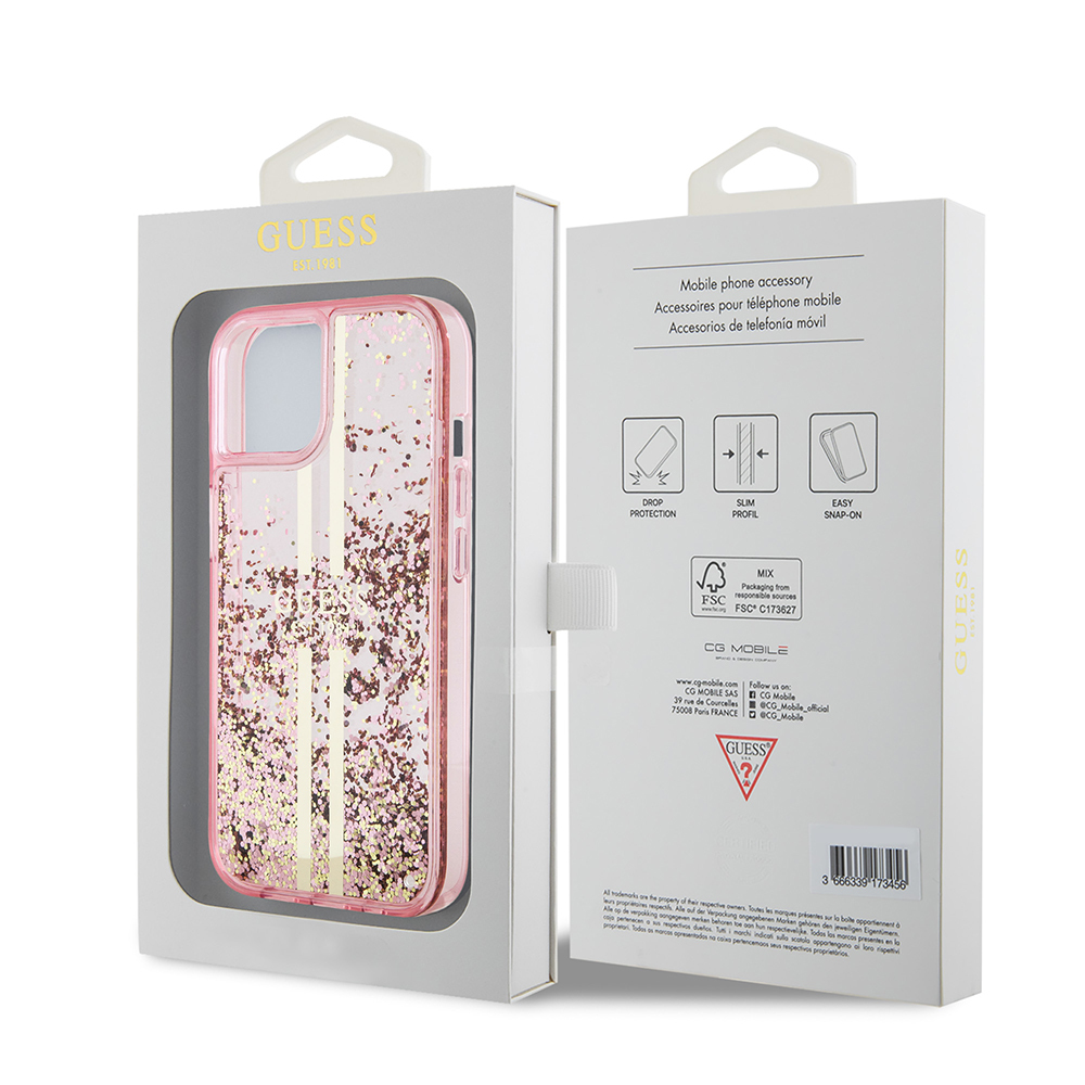 Apple iPhone 15 Case Guess Original Licensed Transparent Liquid Glitter Gold Striped Cover - 17