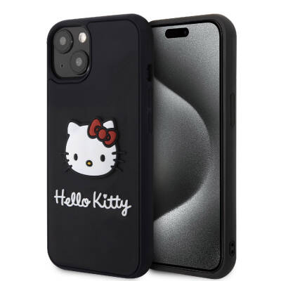 Apple iPhone 15 Case Hello Kitty 3D Rubber Kitty Head Cover with Original Licensed Text and Iconic Logo Black