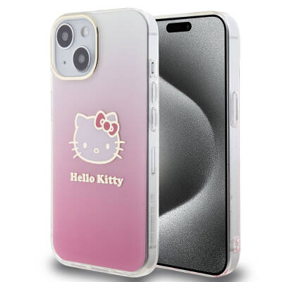 Apple iPhone 15 Case Hello Kitty Original Licensed Text and Iconic Logo Electroplating Coating Gradient Cover Pink