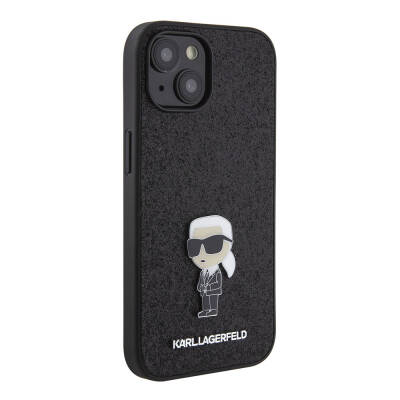 Apple iPhone 15 Case Karl Lagerfeld Iconic Fixed Glitter Metal Logo Original Licensed Cover Black