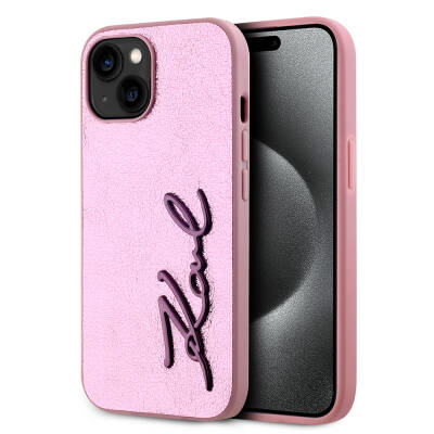 Apple iPhone 15 Case Karl Lagerfeld Original Licensed 3D KL Written Furry Back Surface Saffiano Rhinestones Cover Pink