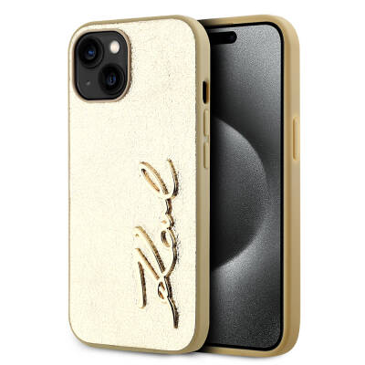 Apple iPhone 15 Case Karl Lagerfeld Original Licensed 3D KL Written Furry Back Surface Saffiano Rhinestones Cover Gold