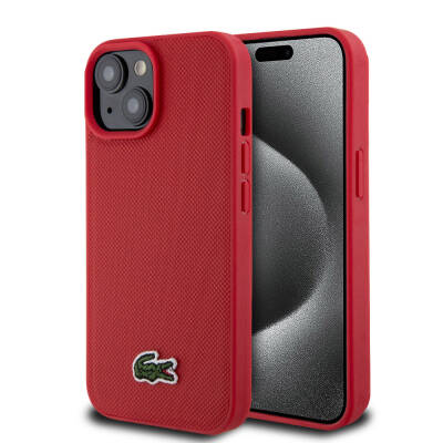 Apple iPhone 15 Case Lacoste Original Licensed PU Pique Pattern Back Iconic Crocodile Woven Logo Cover Red