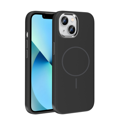 Apple iPhone 15 Case M-Safe Charging Enabled Metal Camera Frame Zore Edi Silicone Cover Black