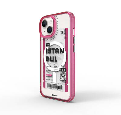 Apple iPhone 15 Case Magsafe Charging Featured Ticket Patterned Wiwu Turkey B Series Cover Pink