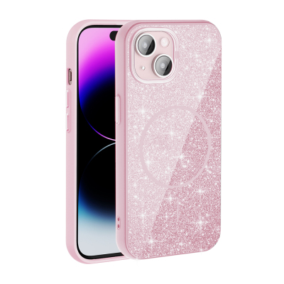 Apple iPhone 15 Case Magsafe Shining Glitter Zore Okso Cover with Charging Feature Pink