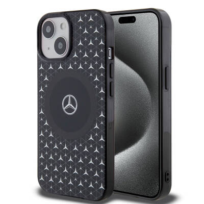 Apple iPhone 15 Case Mercedes Benz Original Licensed Magsafe Charging Feature Double Layer Mini Star Pattern Cover Black