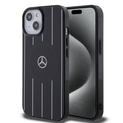 Apple iPhone 15 Case Mercedes Benz Original Licensed Magsafe Double Layer Parallel Line Patterned Charge Cover Black