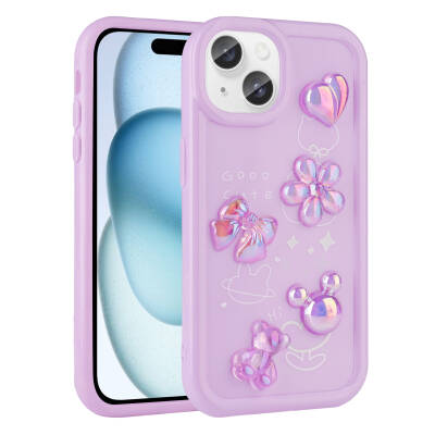 Apple iPhone 15 Case Relief Figured Shiny Zore Toys Silicone Cover Purple