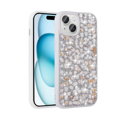 Apple iPhone 15 Case Shiny Stone Design Zore Linea Cover White