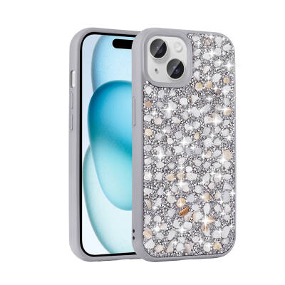 Apple iPhone 15 Case Shiny Stone Design Zore Linea Cover Silver