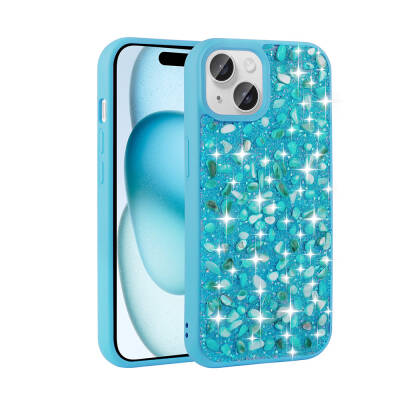 Apple iPhone 15 Case Shiny Stone Design Zore Linea Cover Light Blue