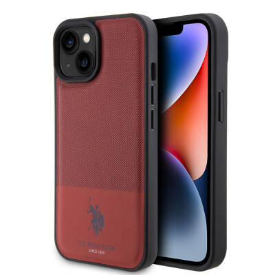 Apple iPhone 15 Case U.S. Polo Assn. Original Licensed Faux Leather Back Surface Printing Logo Knitted Patterned Cover Red